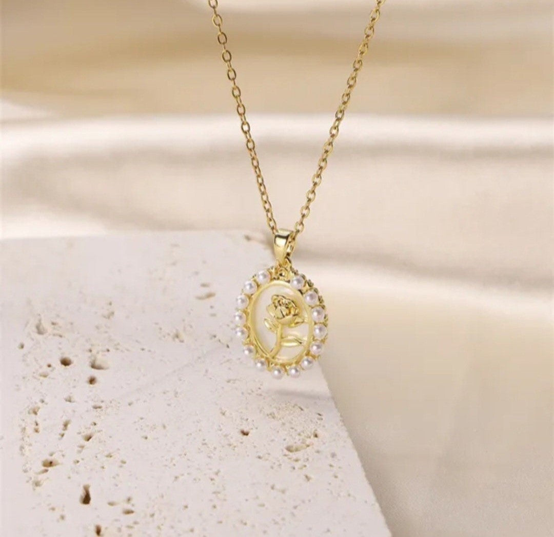 Gold Pearl Rose Necklace